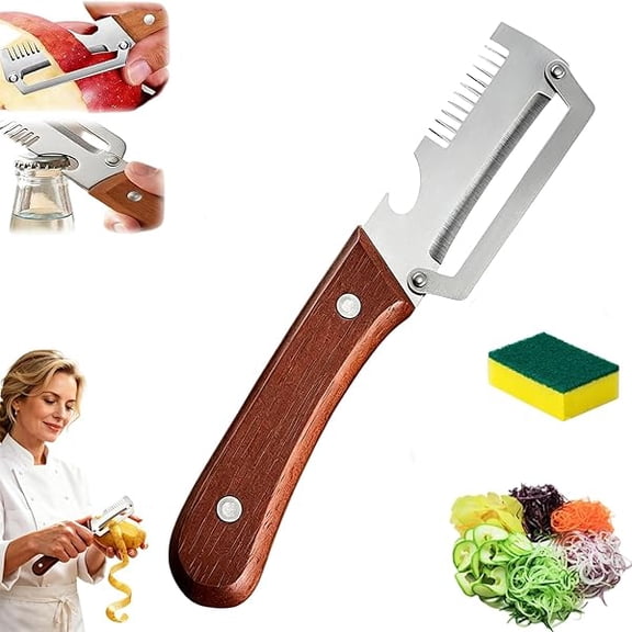 2-in-1 Serrated Peeling Knife Premium Vegetable Peeler, Multifunctional Kitchen Tool with Stainless Steel Blade, Wooden Handle, Bottle Opener, Fruit Potato Peeler, Scallion Shredder (1PC)