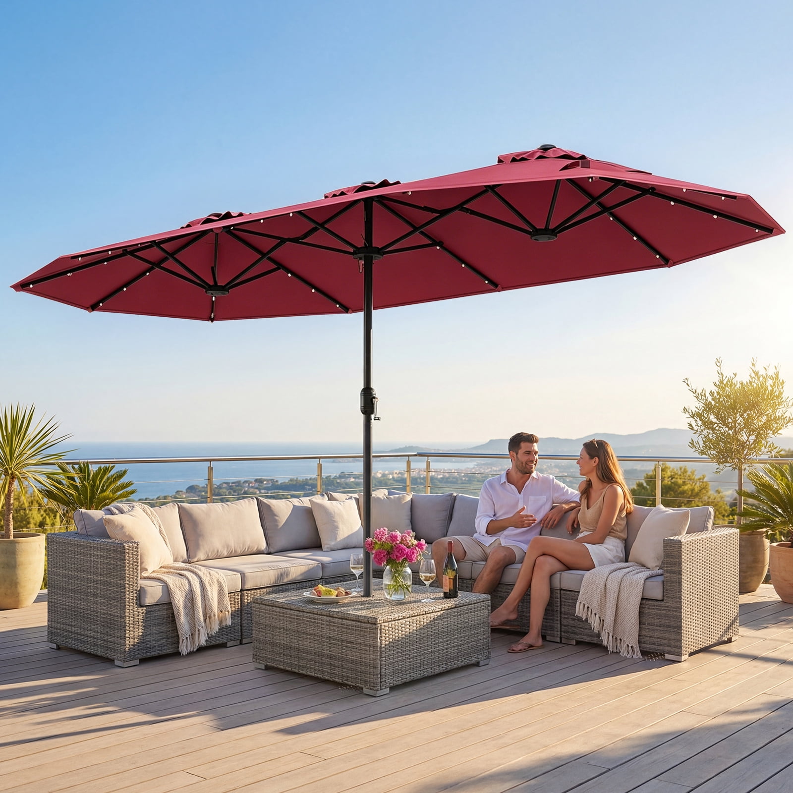 Costway 13FT Double-sided Patio Umbrella with Solar Lights Crank Handle Umbrella Base Wine