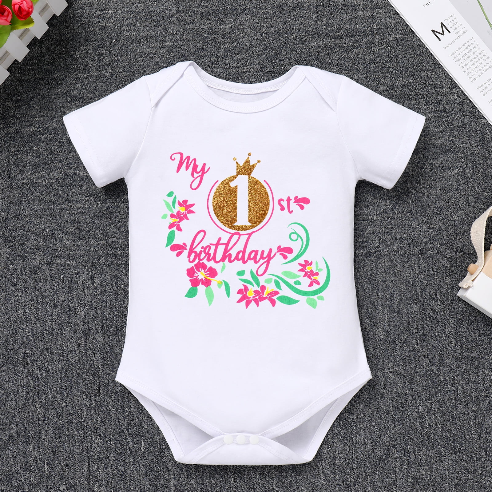 IBTOM CASTLE Infant Baby Girl One Year Old Birthday Outfit Floral Lace Party Cake Smash Romper + Tutu Skirt + Crown Clothes Set for Photo Shoot 1 Year Hot Pink - Crown 1st Birthday