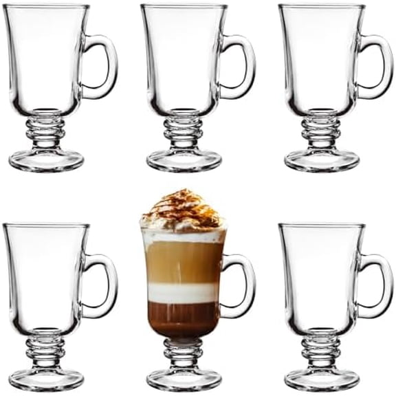 Set of 6 Irish Coffee Mugs, 8 Oz Glass Footed Espresso Cups with Handles, Clear Goblet Mugs Glasses for Coffee, Latte, Cappuccino, Smoothie, Hot Cold Beverages$$Home Decor, Kitchen, & Other