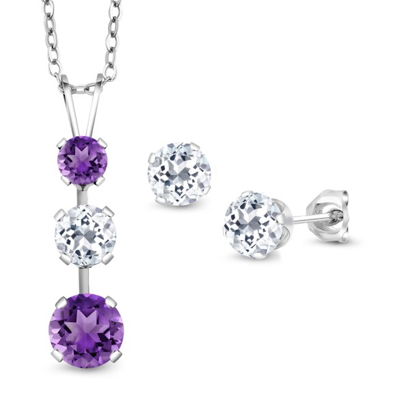 Gem Stone King 925 Sterling Silver Purple Amethyst and White Topaz Pendant and Earrings Jewelry Set for Women (3.05 Cttw, Gemstone February Birthstone, with 18 inch Chain)