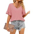 thumbnail image 2 of Camiseta de manga corta con cuello en V para mujer, color puro, suave, agradable para la piel, para citas, compras, rosa, M, 2 of 5