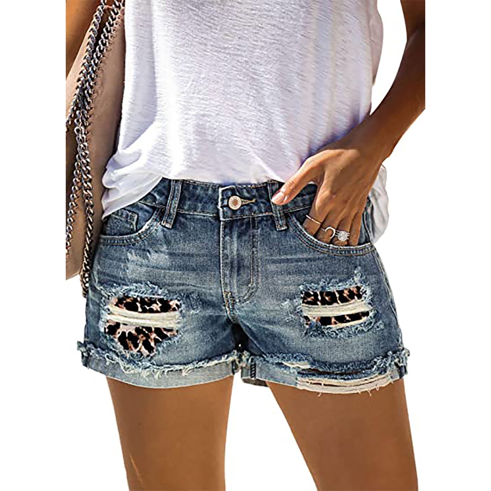 esafio Women's Mid Rise Rolled Hem Distressed Jeans Ripped Denim Shorts,Light  blue leopard print - Walmart.com