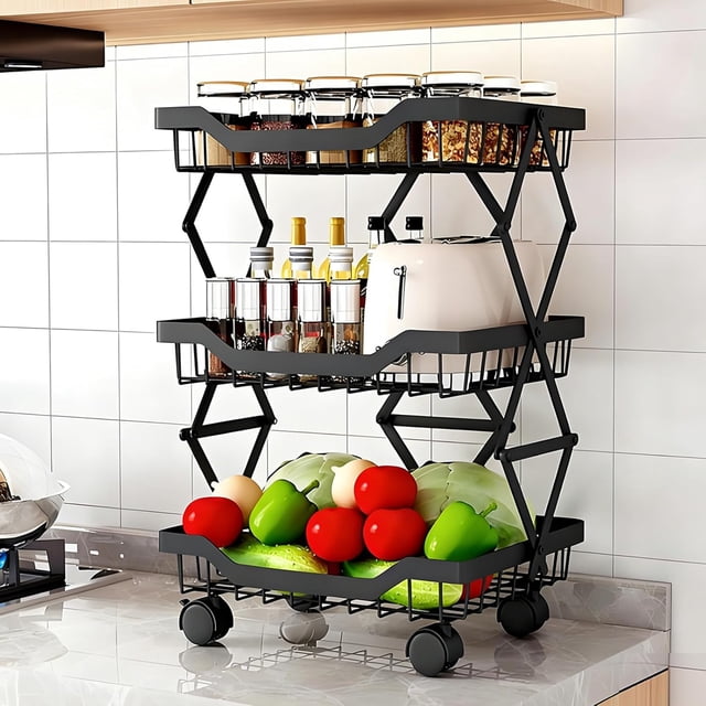 Frutero de Cocina Moderno 3 Niveles con Ruedas Bloqueables, Carrito Organizador Plegable de Metal para Frutas Verduras Alimentos Almacenamiento Multifuncional para Cocina Baño Dormitorio