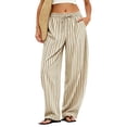 thumbnail image 6 of Petite Linen Pants for Women Striped Casual Comfy Elastic Waist Linen Drawstring Pants Y2k Baggy Flowy Lightweight Work Trousers Light Brown L, 6 of 6