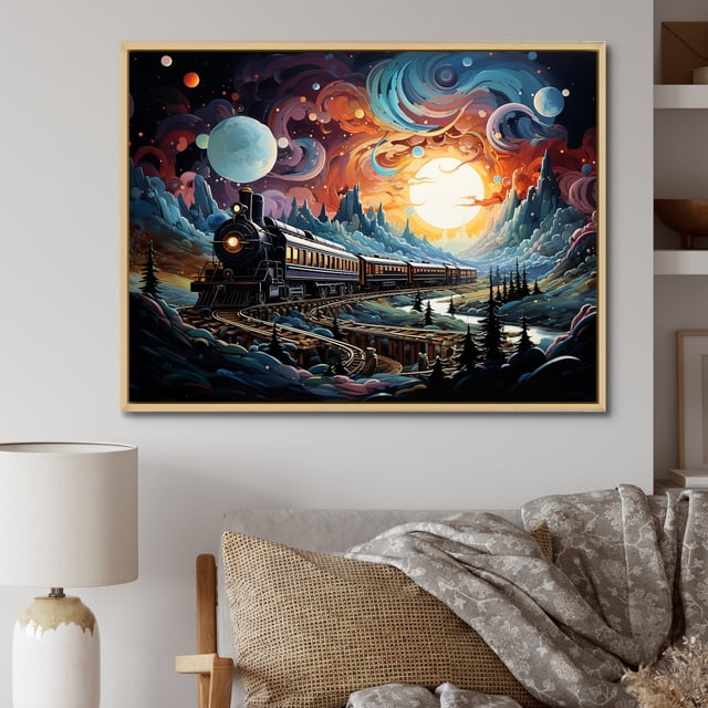 Designart Train framed wall Art, Cosmic Rails An modern Train I , train Large framed wall art decor, Multi-Color Modern Natural framed wall art, 40x30 inches Natural brown color Frame