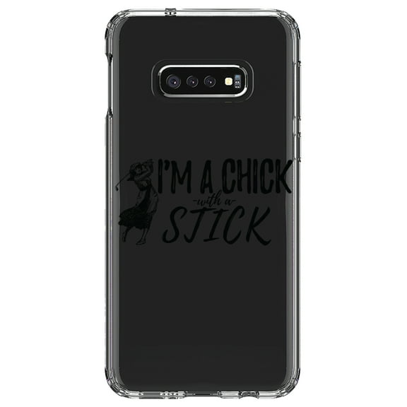 DistinctInk Clear Shockproof Hybrid Case for Samsung Galaxy S10e (5.8" Screen) - TPU Bumper Acrylic Back Tempered Glass Screen Protector - I'm a Chick with a Stick Golf