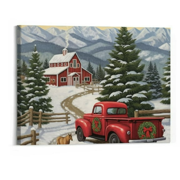 Creowell  Christmas Canvas Wall Art with Frames Art Works Winter Poster Prints Farmhouse Truck Tree Hanging Wall Pictures Decoration for Holiday Living Room Bedroom 20x16 Inch