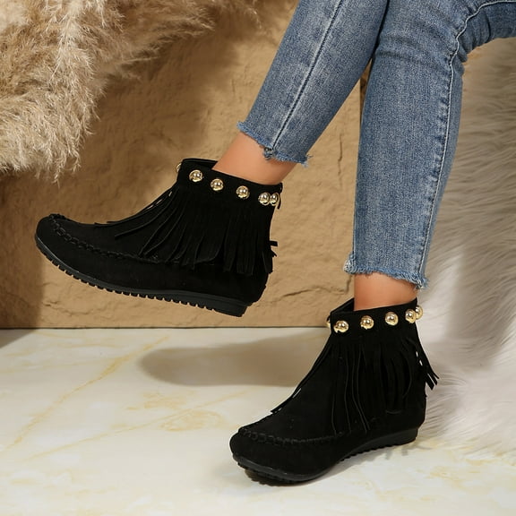 Bnwani Women Boots Ankle Winter Fashion Toe Flat Comfortable Casual Solid Tassel Boot Black Size 5.5