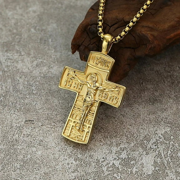 Punk Rock 14K Yellow Gold INRI Crucifix Jesus Cross Pendants Necklace for Men Jewelry Black Golden Color