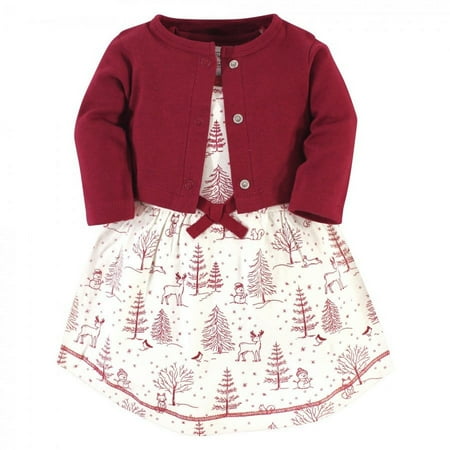 UPC: 0660168618501 | Touched by Nature Baby and Toddler Girl Organic Cotton Dress and Cardigan 2pc Set Winter Woodland 9-12 Months