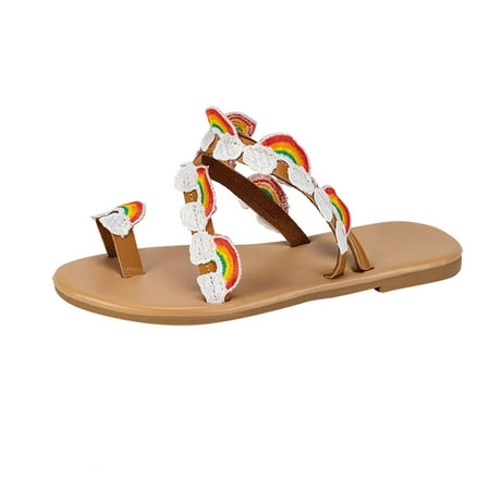 

QYZEU Women Sandles Embroider Slip On Casual Open Toe Flat Soft Bottom Breathable Rainbow Slippers Shoes Fashion Causal Lightweight Sandals Brown 40