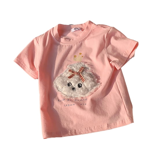 lnmuld Girls Summer Casual Short Sleeve T-Shirt, Cute 3D Design Soft Round Neck Tee for Children Color:Pink,Size:9-10 Years