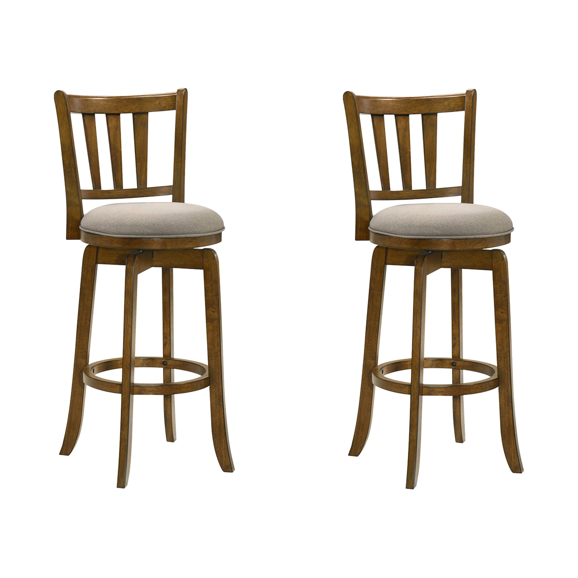 Wren Modern Farmhouse Swivel Wood Bar Height Kitchen Bar Stool in Sepia Brown Finish with Static Gray Fabric Upholstered Seat - Set of 2