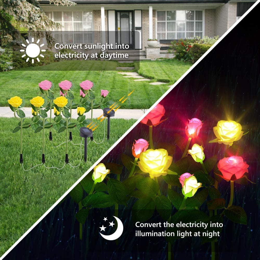 Solar Garden Rose Lights 3 Pack Waterproof Solar Lights with 6 Roses for Garden 