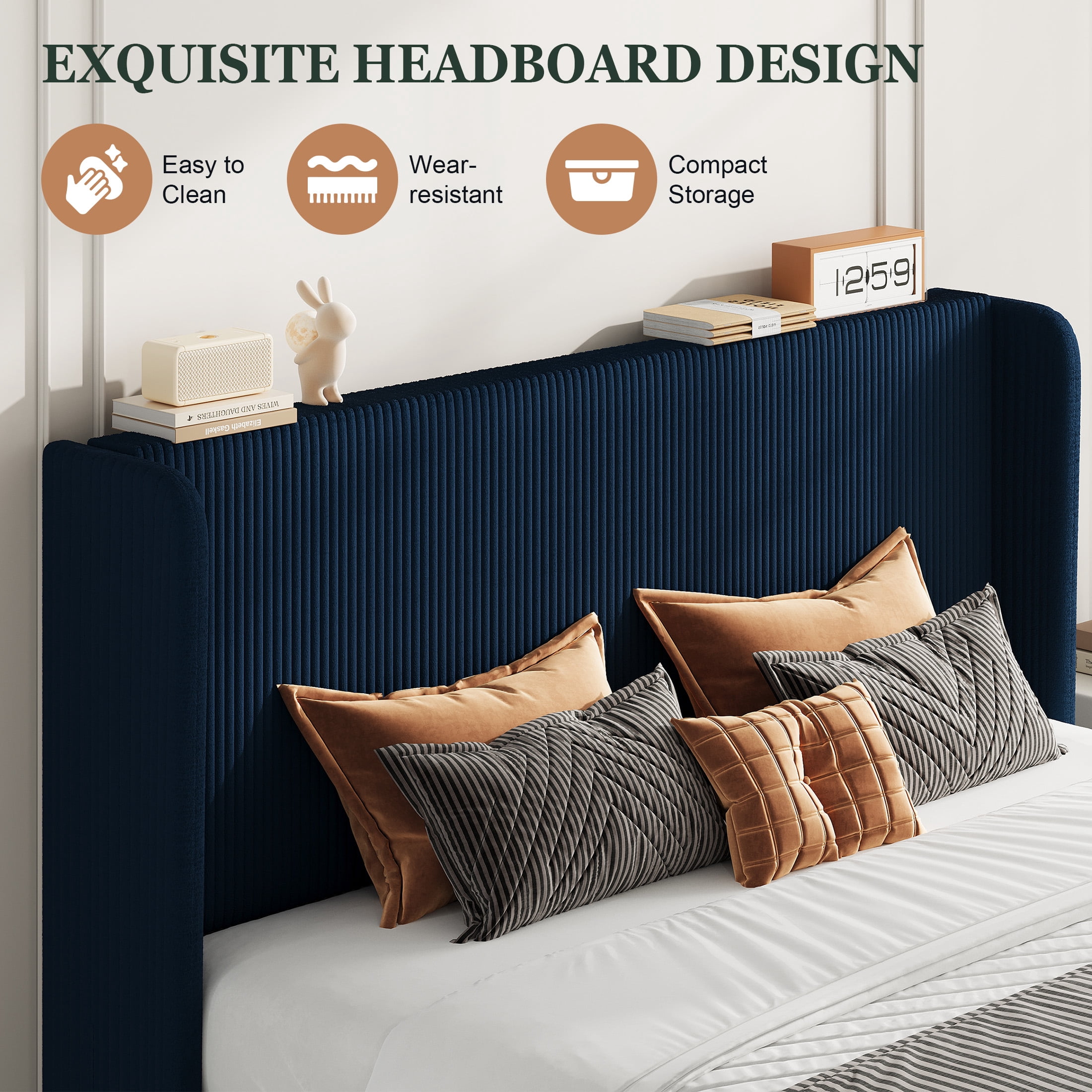 Amolife King Size Platform Bed Frame with Velvet Upholstered Wingback Headboard, Dark Blue