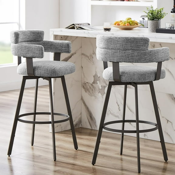 30 Inch Bar Stools Set of 2 with Full Back, Swivel Bar Chairs with Linen Padded Back, Metal Footrest, Modern Bar Height Stools for Kitchen Island, Dining, Living Room, Grey