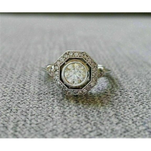 Eclet Jewels 1.9 Ct Simulated Round Cut Diamond Wedding Rings - 14K White Gold Plated Rings for Gifts - Elegant Vintage Inspired Octagon Halo Milgrain Style Rings for Women's