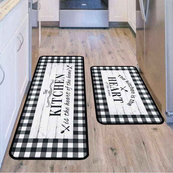 Black and White Buffalo Plaid Kitchen Rugs and Mats Set of 2, Farmhouse Kitchen Decor and Accessories Decoration, Check Kitchen Rug Non-skid Washable Kitchen Mats for Floor, 17"x 47" 17"x 30"