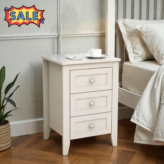 Tcbosik 3-Drawer Night Stand with Charging Station, Accent End Table with Storage, 18 inch Small Side Table for Bedroom, Living Room, Easy Assembly, White