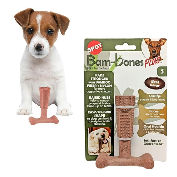 SPOT Bam-Bones Plus T Bone Dog Chew Toy for Moderate to Aggressive Chewers, 4", Beef Flavor, For Adult Dogs & Teething Puppies Under 30lbs, Non-Splintering
