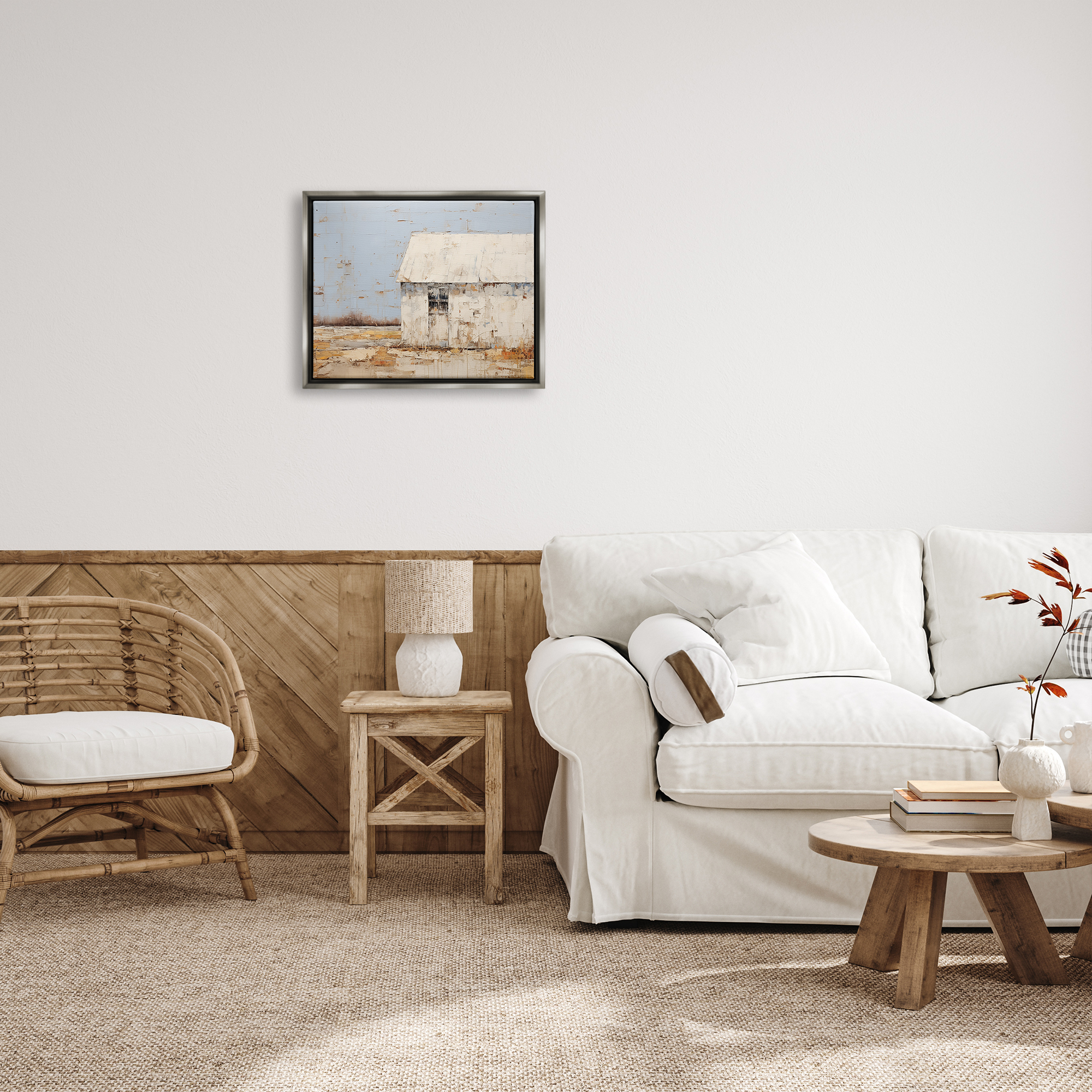 Stupell Industries Rustic White Barn Abstract Painting Gray Floater Framed Canvas Art Print Wall Art, 21 x 17