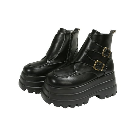 

Woobling Ladies Platform Boot Strap Buckle Ankle Boots Chunky Short Bootie Work Booties Fashion Side Zip Slip Resistant Black 5.5