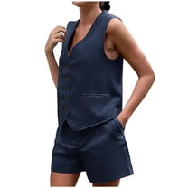 Besolor Women's Summer 2 Piece Outfits Sleeveless Matching Sets Button down V Neck Vest Waistcoat and Shorts Sets with Pockets