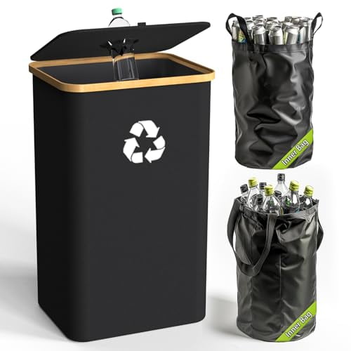 Recycling Bin for Kitchen Indoor Home, Large 26 Gallon 100L Recycle Bin with Lid Removeable Reusable Inner Bag Bottle Can Glass Waste Plastice Stickers,Black$$Storage