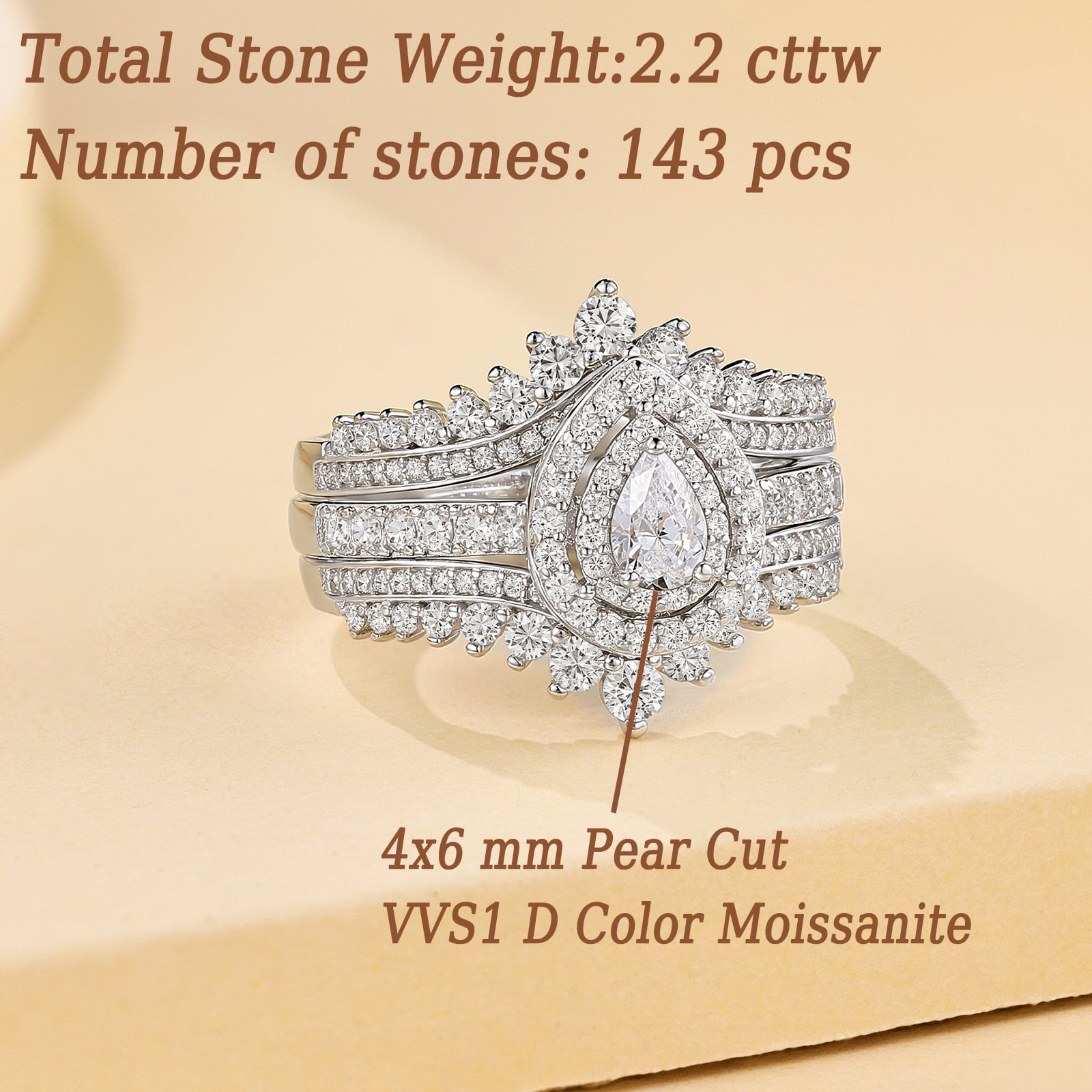 Newshe Jewellery 3 Ct Moissanite Wedding Rings Set Pear Cut Engagement Rings for her Bridal Ring Enhancer Size 7