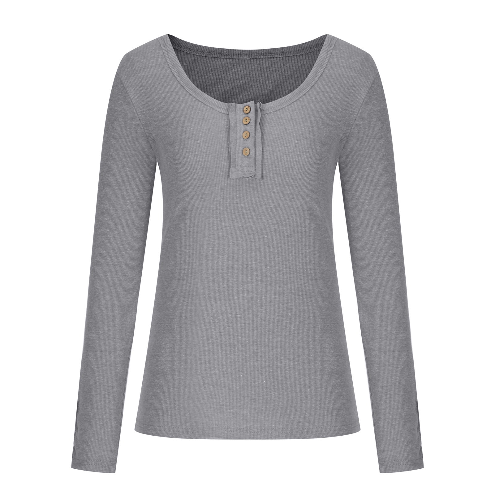 Yyeselk Women’s Long Sleeve Henley T Shirts Button Down Slim Fit Tops Scoop  Neck Ribbed Knit Shirts Casual Solid Color Tee Pullover Top Gray M