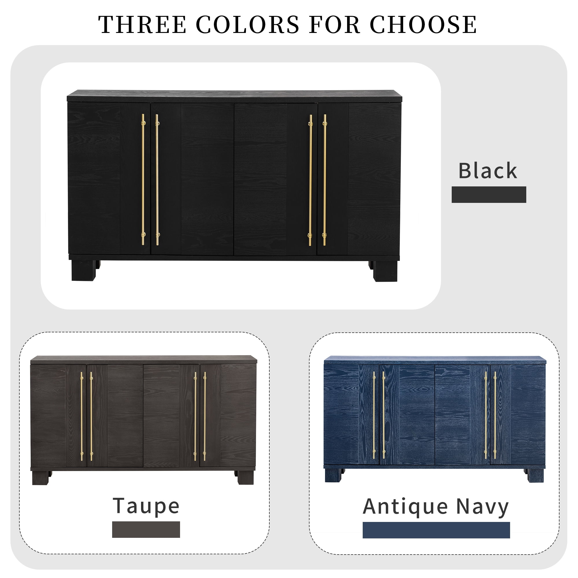 Vastcury 60" Traditional Style 4 Door Kitchen Sideboard Cabinet, Storage Coffee Bars with Gold Handles for Living Room, Black