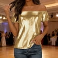thumbnail image 5 of Shiny Metallic Tops for Women Off Shoulder Party Going Out Outfits Short Sleeve Glitter Summer Blouse T-shirts (2XL, Gold), 5 of 7