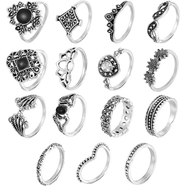 15 anillos para nudillos para mujer, juego de anillos apilables, estilo retro vintage, ideales para regalar. Color negro.