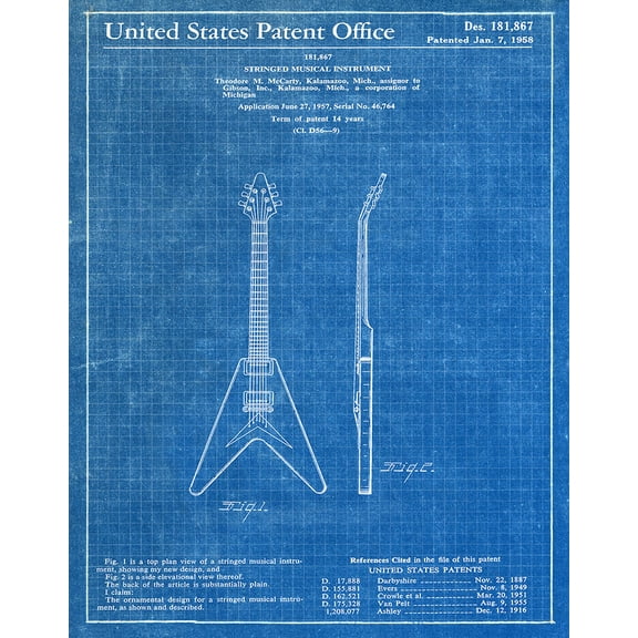 Original Gibson Guitar Artwork Submitted In 1958 - Music - Patent Art Print