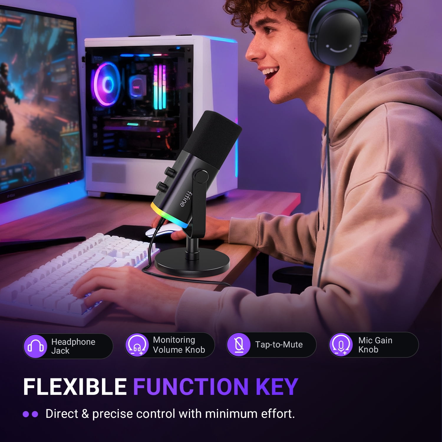 FIFINE AM8 XLR USB Dynamic Microphone for Computer PC PS5, Gaming/Podcast Mic with Clear Voice, RGB Light, Headphone Jack, Mute Button, Desktop Stand for Streaming, Music Recording