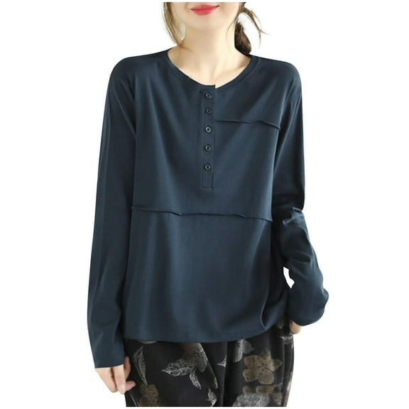 CQONEPT Womens Long Sleeve Tops Fall Crewneck Casual Loose Fit Sweatshirts Tops Button Going Out Trendy Pullover Gray 5