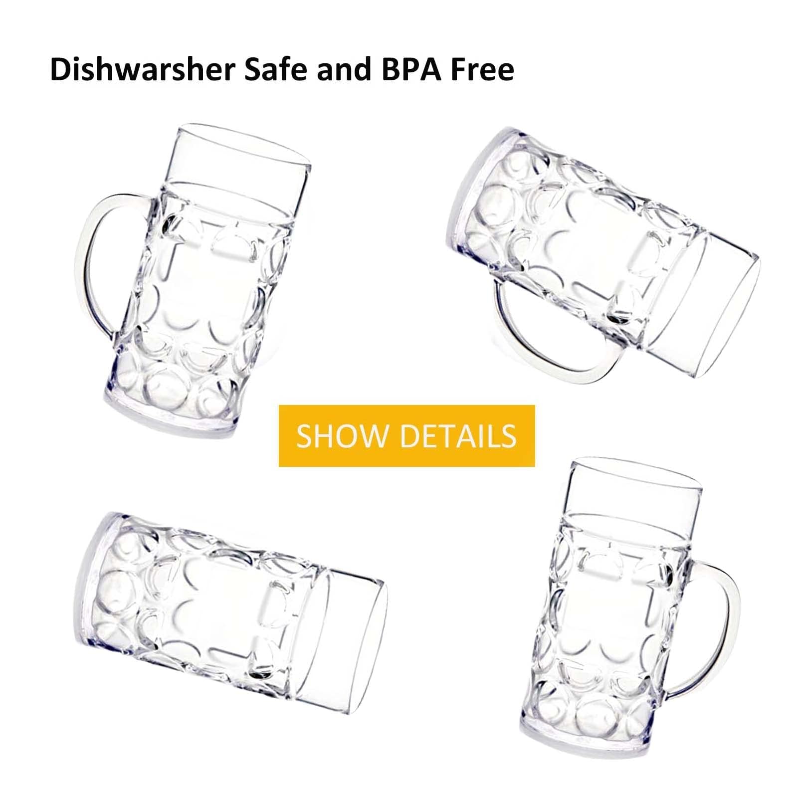 TJOUL Beer Mugs 32 oz Clear Plastic with Handles, Freezable Reusable Beer Glasses for Cold Beverages, Dishwasher Safe, Set of 2