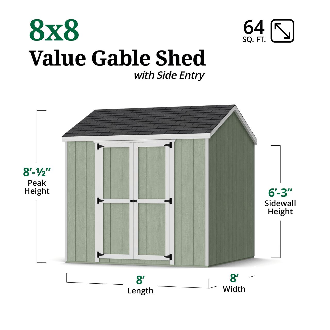 Little Cottage Co. 8x8 Value Gable Shed with Side Entry, Outdoor Wood Storage Do-It-Yourself Kit