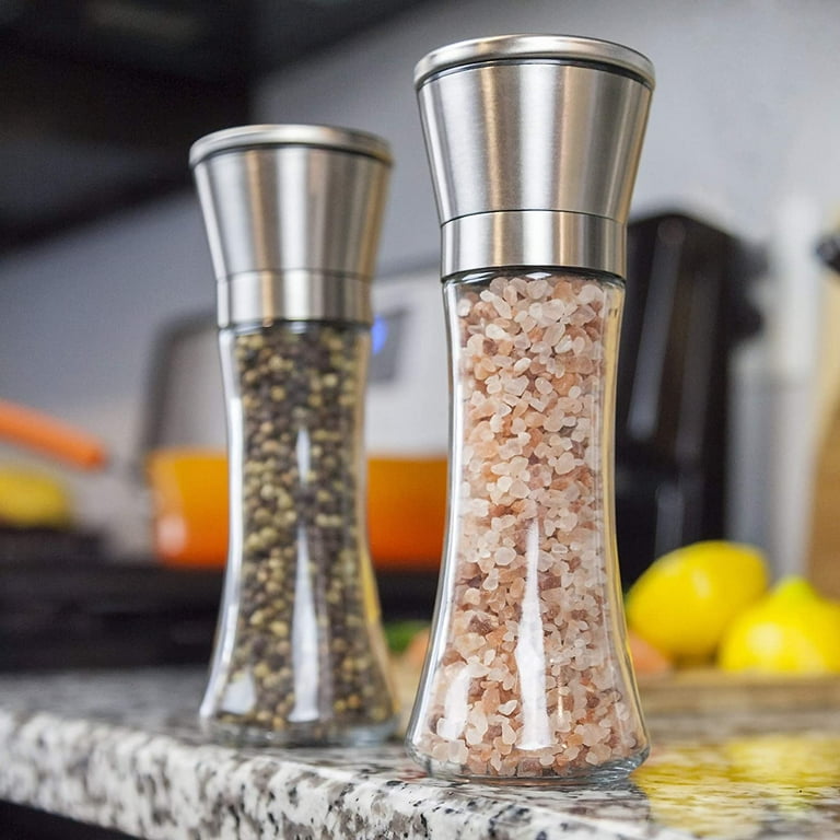 Salt and Pepper Grinder Set of 2 - Adjustable Salt Grinder & Pepper Grinder  - Tall Glass Salt and Pepper Shakers - Pepper Mill & Salt Mill 