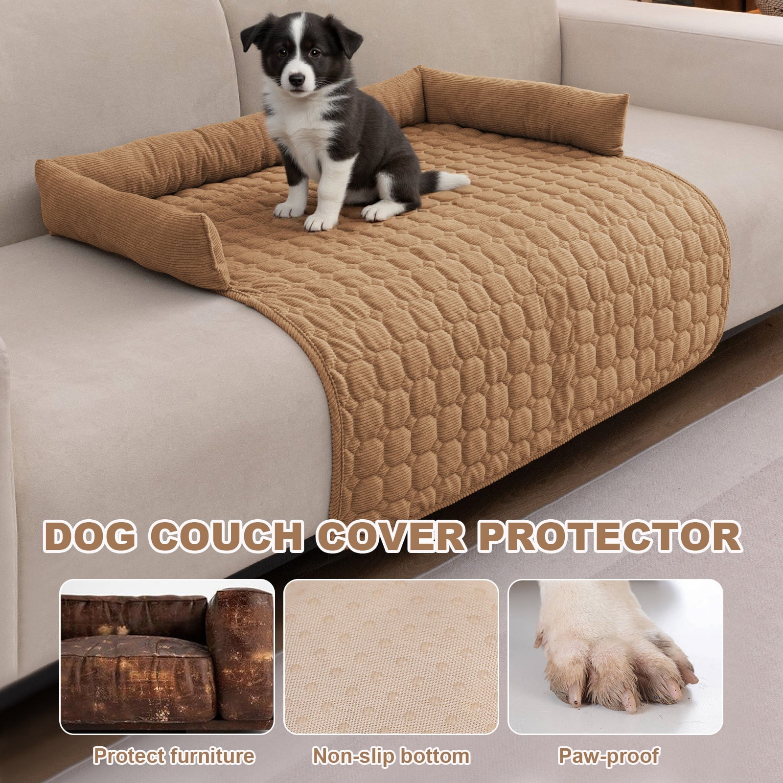 Eurhowing Dog Couch Cover 36"x36", Corduroy Dog Bed Mat for Couch with 3 Side Dog Pillow, Washable Sofa Cover Pet Furniture Protector for Dogs&Cats, Coffee