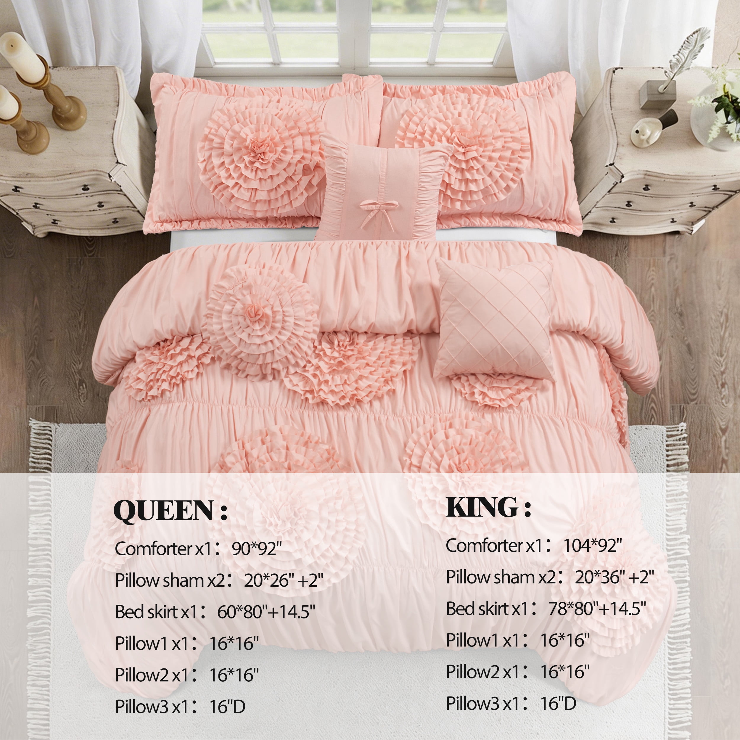 7pc Peach Queen Floral Ruffled Comforter Set with 3D Appliqué