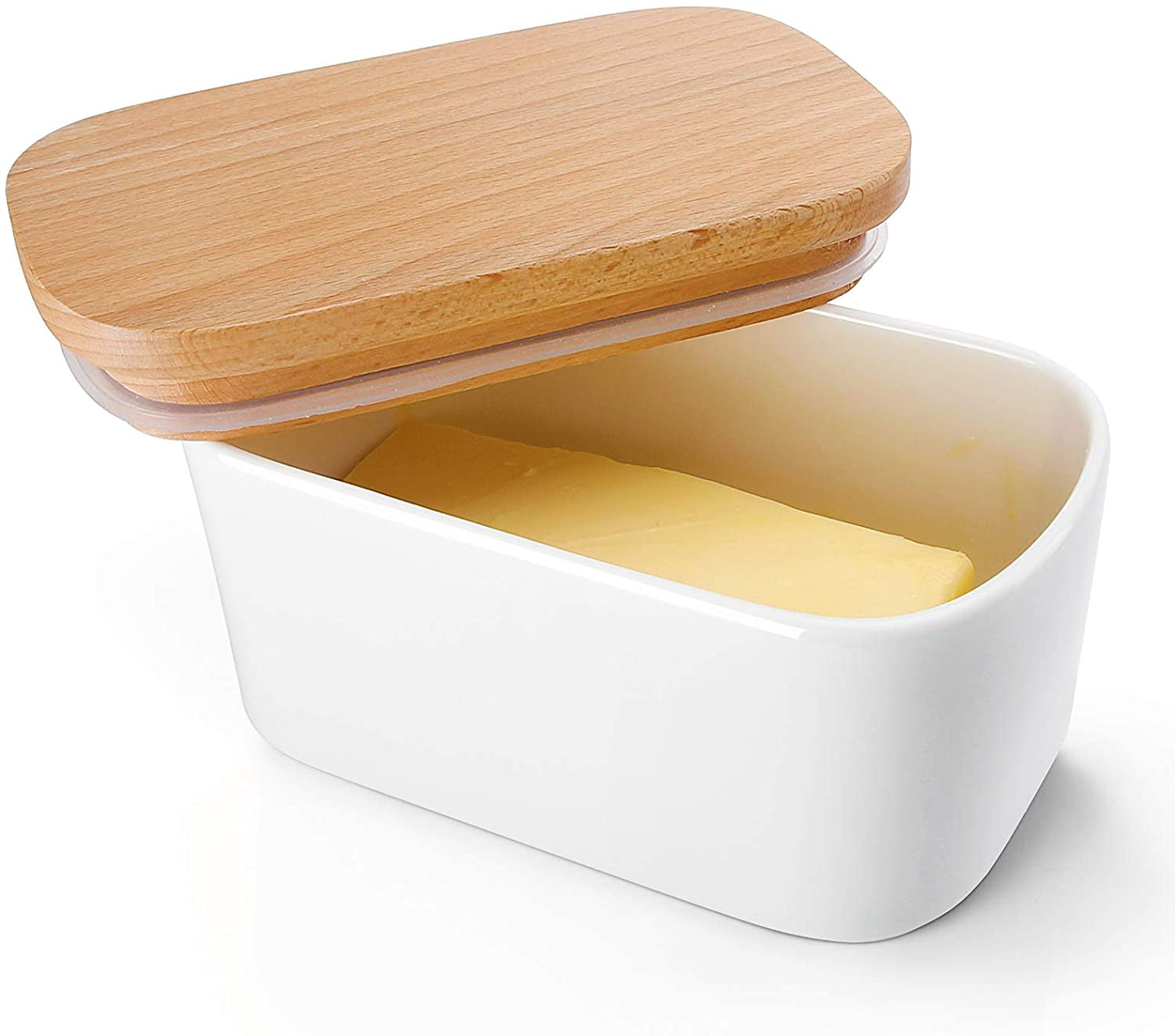 Butter Dish with Lid 250g Easy Clean Heat Resistant Material with Porcelain Keeper and Airtight Bamboo Cover for Countertop Refrigerator Kitchen Storage Box 