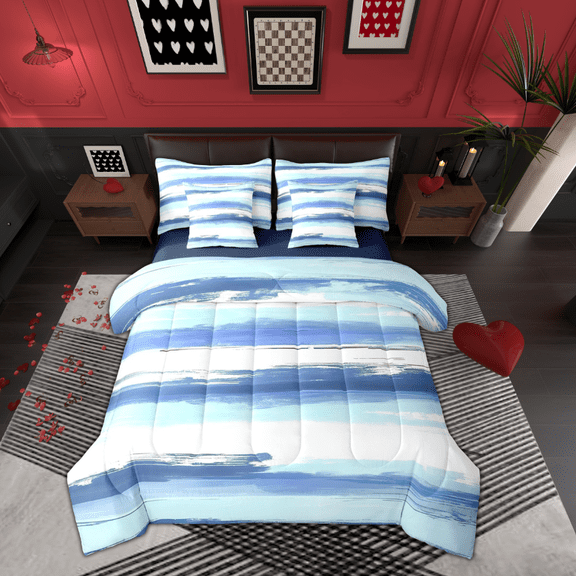 Manfei White Blue Ombre 7-Piece Twin Bedding Sets,Geometric Graffiti Lines Bedding Comforter Set,Graffiti Aesthetic Artwork Sheet Sets For Boys Kids,Microfiber Bedroom Decor Reversible