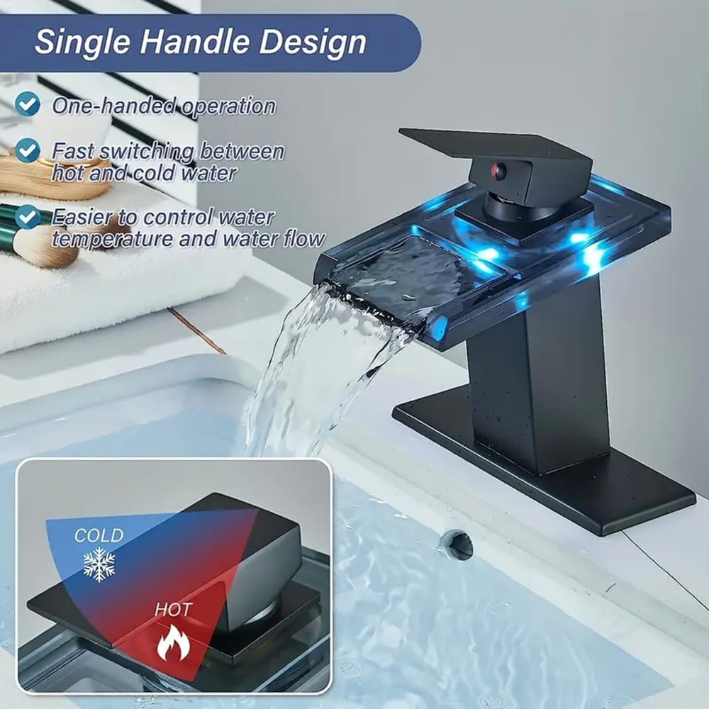 Black Bathroom Basin Sink Faucet LED Single Handle 3 Holes Mixer Tap with Cover