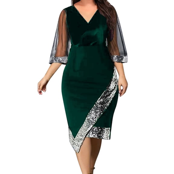 Gubotare Coctail Dresses Womens Dresses Evening Party formal Plus Size 3/4 Sleeve V Neck Sequin Dress Glitter Wedding Clubwear,Green S