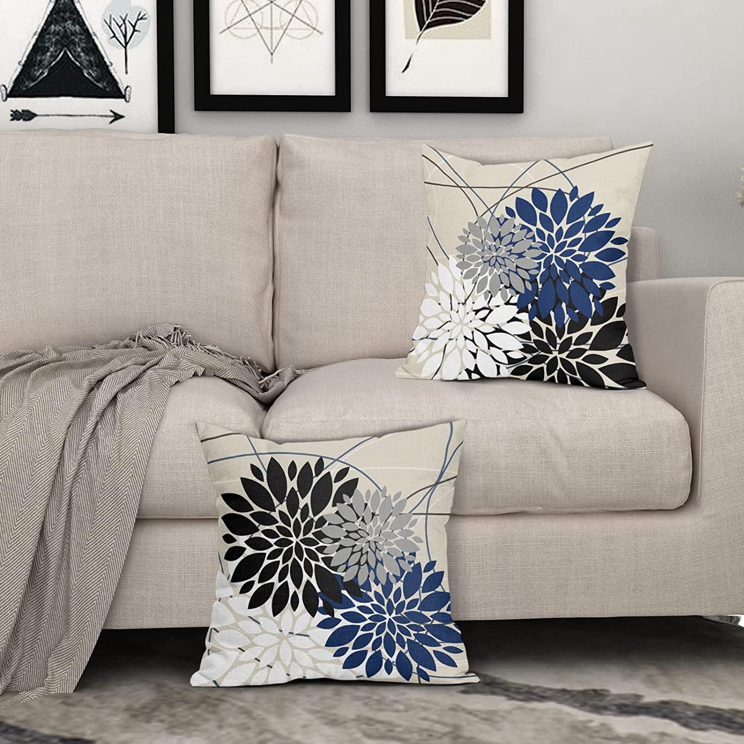 Black Blue Pillow Covers 18x18 Inch Dahlia Flower White Gray Elegant Colored Throw Pillows Farmhouse Outdoor Decor for Home Living Room Sofa Couch Bed Modern Floral Linen Square Cushion Case, Set of 2