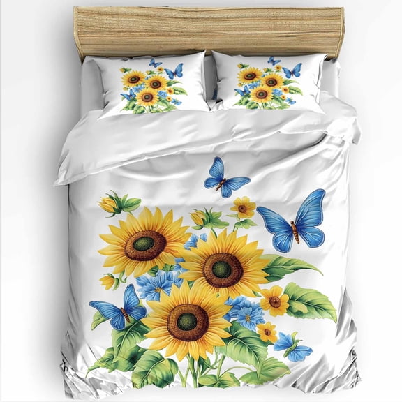 Spring Sunflower King Size Comforter Set, Blue Butterfly Pastoral Watercolor Soft Bedding for All Seasons, 4 Pcs Bed Set with 1Comforter (90"x106") ,1 Sheet(94"x116"), 2 Pillowcases (19"x35")