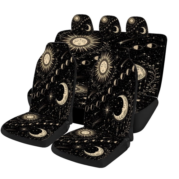 Verolix Celestial Car Seat Covers Full Set Mesh Fabric Universal Front and Rear Seat Covers Black Gold Sun Moon Stars Print Easy Install Auto Interior Accessories for Cars Suvs Trucks Vans