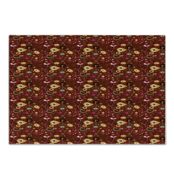 Retro Cutting Board, Fifties Sixties Inspired Composition of Abstract Shapes on Dark Dotted Background, Decorative Tempered Glass Cutting and Serving Board, Small Size, Multicolor, by Ambesonne